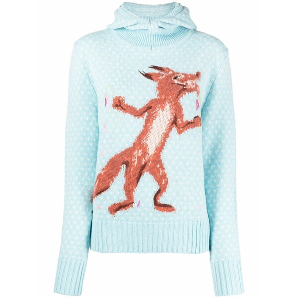 棲み家 狐狸 レディース 編み物\u0026スウェーター アウター Printed knit hoodie Blue