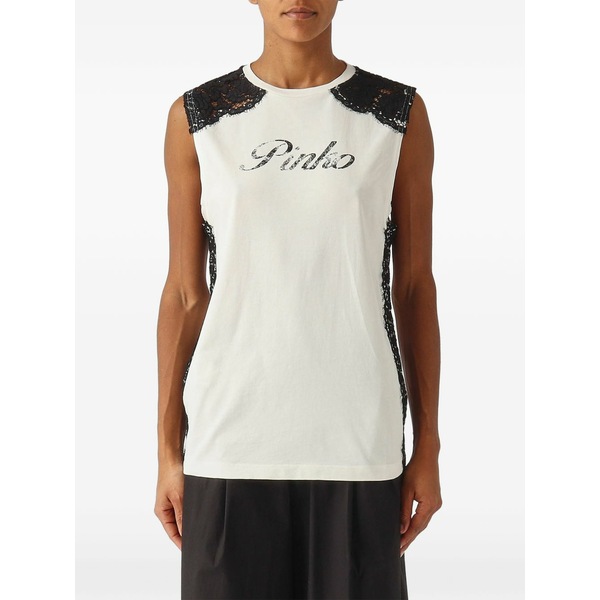 ピンコ レディース カットソー トップス Lace-trim logo-print top White