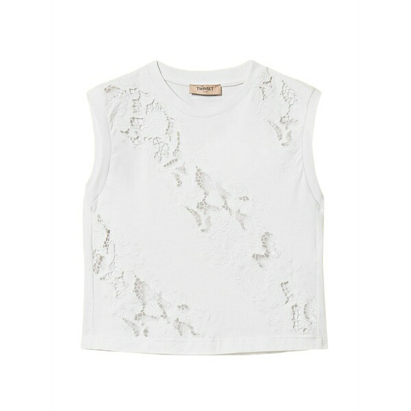 ツイン仕掛ける レディース プルオーバー トップス Lace-panelled t-shirt White