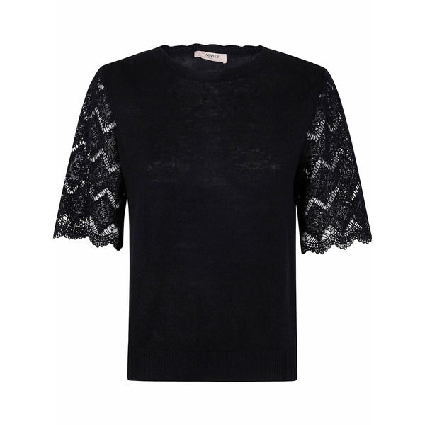 ツインセット レディース シャツ トップス Lace-sleeved blouse Black｜asty