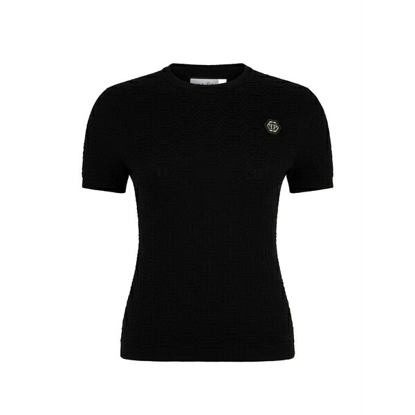 フィリッププレイン レディース Tシャツ トップス Monogram knitted t-shirt Black|asty