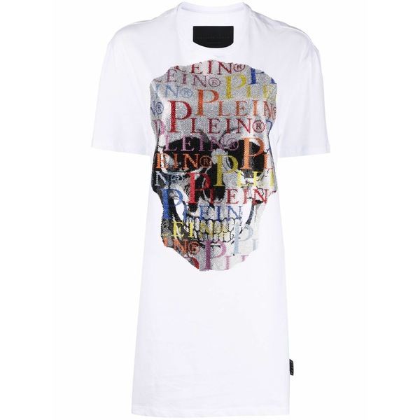 フィリッププレイン レディース ワンピース トップス Skull rhinestone logo t-shirt dress White｜asty 73,590円