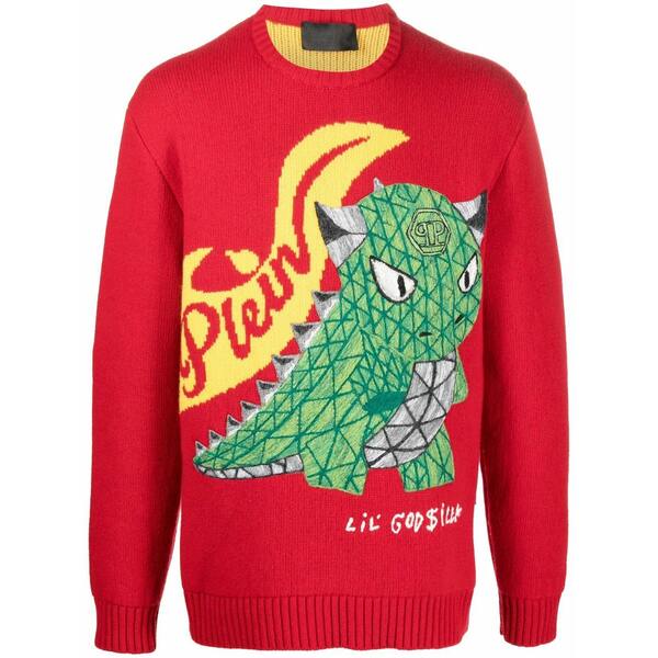 フィリップ飾り気のない メンズ 編み物\u0026プルオーバー アウター Dinosaur-motif jumper Red