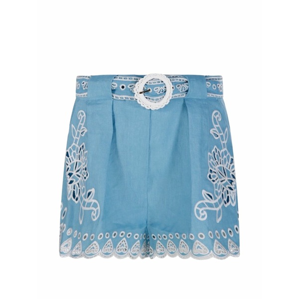 農園 リオ レディース 心地好いズボン下 ボトムス Floral-embroidered belted shorts Blue