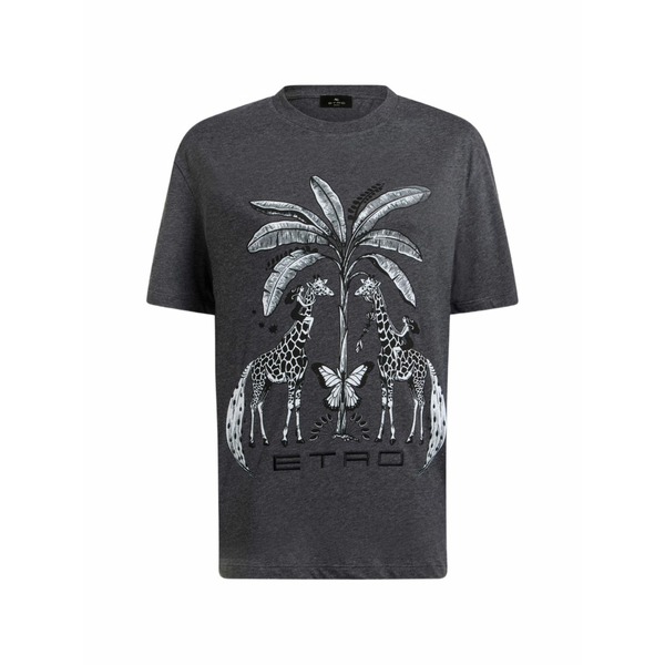 エトロ レディース Tシャツ トップス Cotton jersey t-shirt with placed giraffe-print Grey｜asty