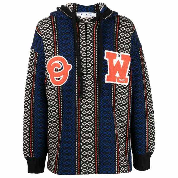 オフホワイト メンズ パーカー・スウェットシャツ アウター Geometric-patterned alpaca-blend hoodie Black｜asty