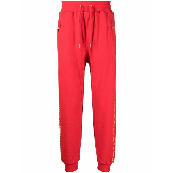 スビ メンズ 心地よいズボン下 ボトムス Slogan-embroidered track pants Red
