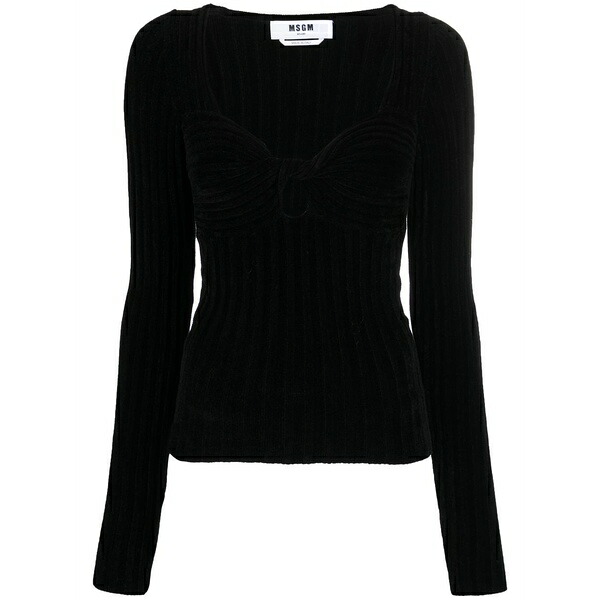 エムエスジイエム レディース Tシャツ トップス Twist-front ribbed long-sleeve top Black｜asty