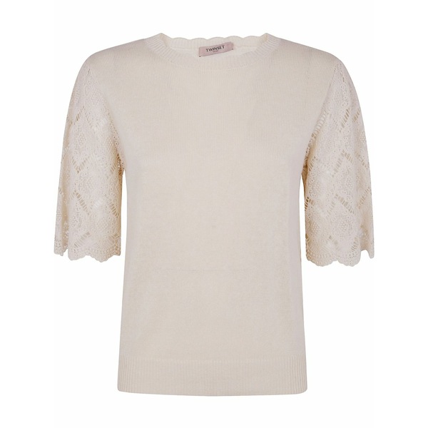 ツインセット レディース シャツ トップス Lace-sleeved blouse Neutrals｜asty