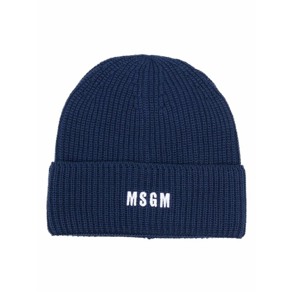 エムエスジイエム メンズ かぶり笠 付属品 Logo-embroidered ribbed-knit beanie Blue