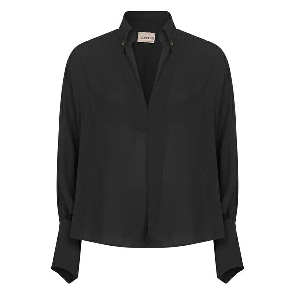 ブランカ ヴィータ レディース シャツ トップス V-neck buttoned-cuffs blouse Black