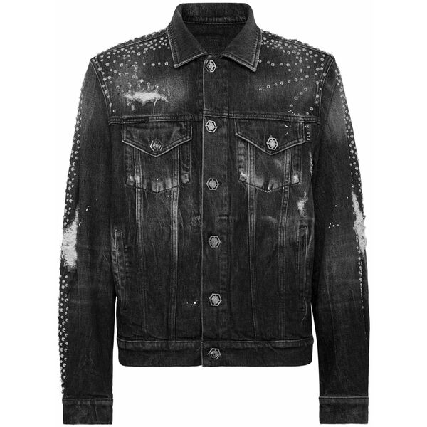 フィリッププレイン メンズ ジャケット&ブルゾン アウター Stud-embellished denim jacket Grey|asty
