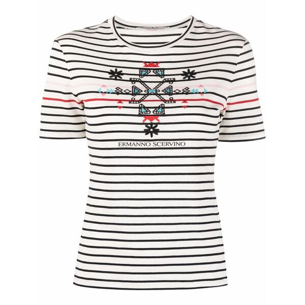 エルマンノ シェルヴィーノ レディース プルオーバー トップス Embroidered-design stripy cotton t-shirt White