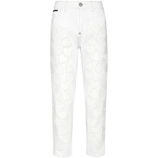 フィリッププレイン レディース デニムパンツ ボトムス Heart-patches cropped jeans White｜asty