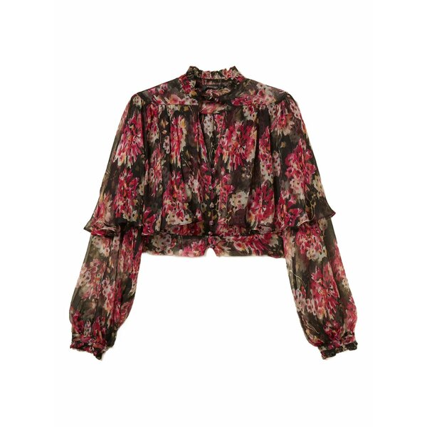 ツイン書き割り レディース ティーシャツ トップス Floral ruffled tie-neck shirt Pink