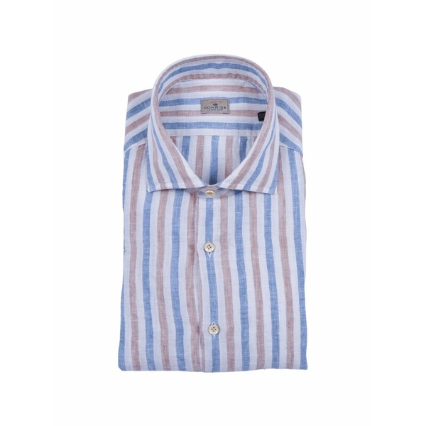 サンリサ メンズ プルオーバー トップス Vertical-stripe spread-collar shirt White