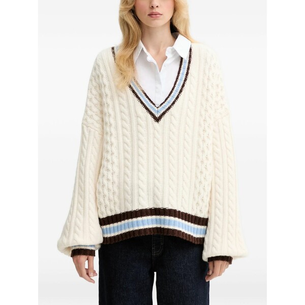 ゲタス レディース 編み物\u0026ティーシャツ アウター Cable-knit striped v-neck sweater Neutrals