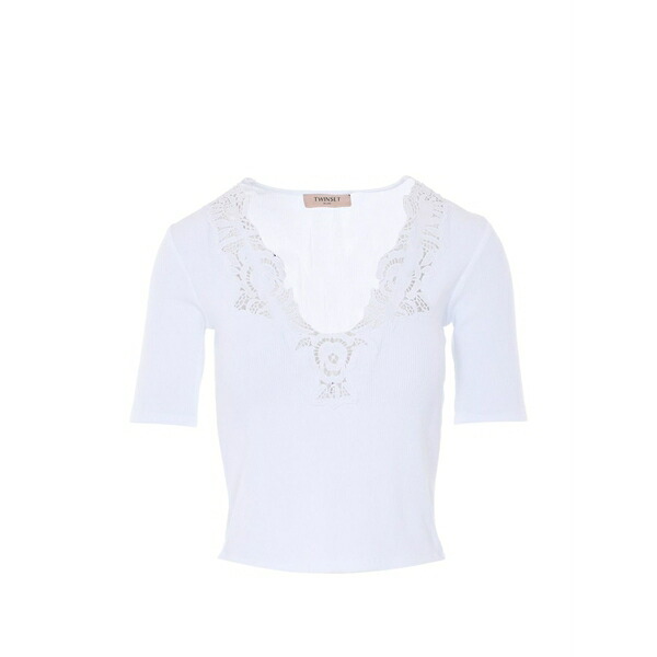 ツイン仕掛ける レディース プルオーバー トップス Lace-detail ribbed t-shirt White