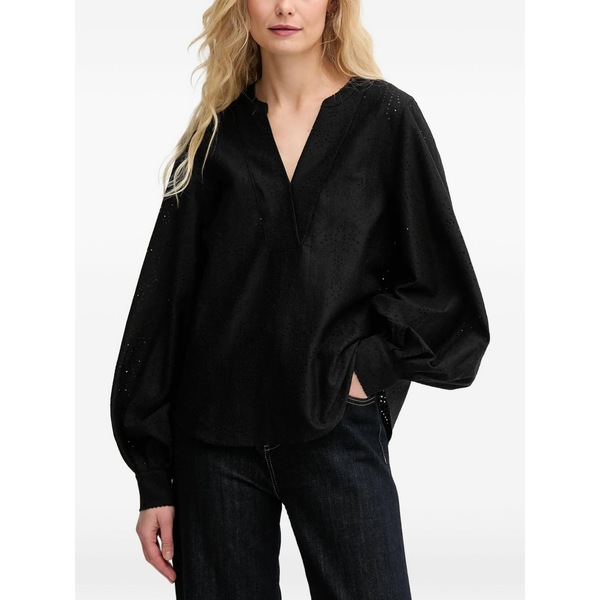 モス モッシュ レディース シャツ トップス Balloon-sleeve v-neck blouse Black|asty