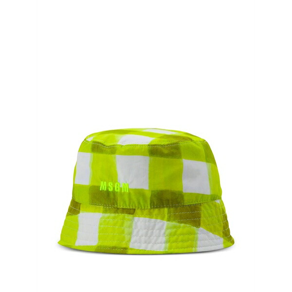 エムエスジイエム レディース かぶり笠 付属品 Checked-pattern logo-embroidered bucket hat Yellow
