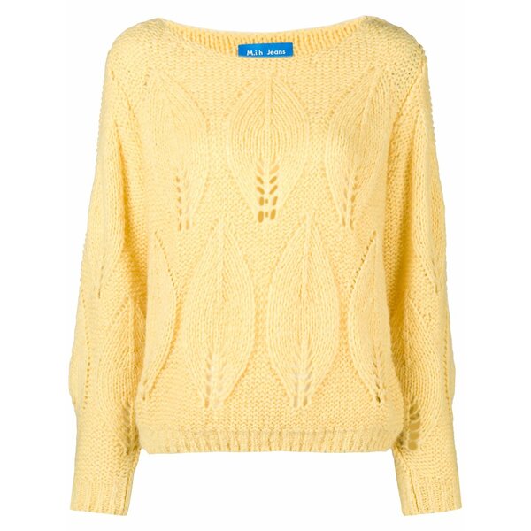メムアイエイチジーンズ レディース 編み物\u0026プルオーバー アウター Lacey leaf knit sweater Yellow