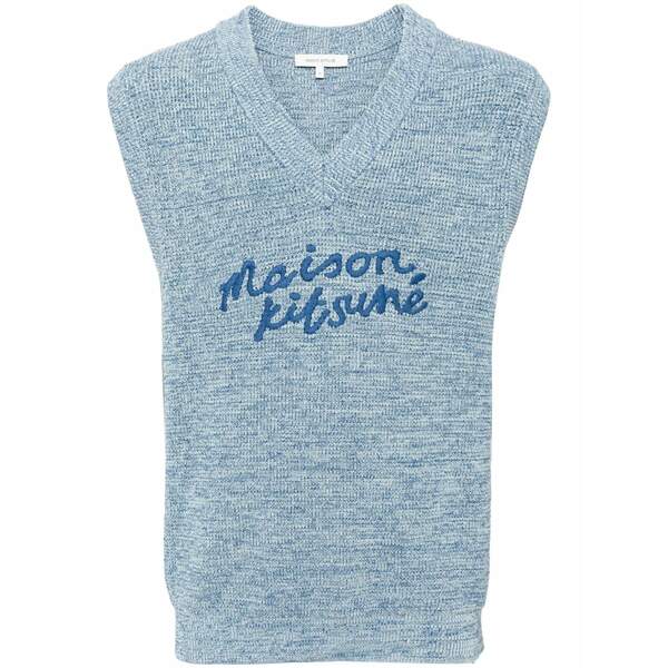 棲み家 稲荷 メンズ 編み物\u0026ティーシャツ アウター Embroidered-logo v-neck cotton vest Blue
