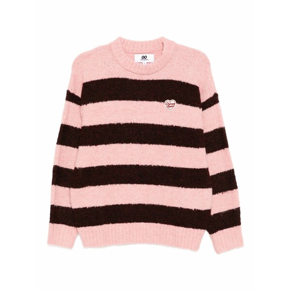黒茶 レディース 編み物\u0026ティーシャツ アウター Logo-embroidered striped jumper Pink