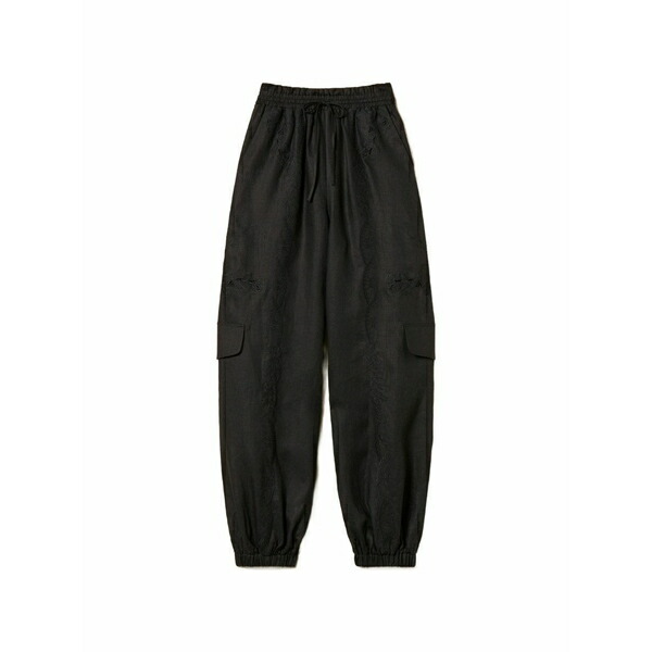 ツイン書き割り レディース 心地好いズボン下 ボトムス Drawstring-fastening cargo pants Black