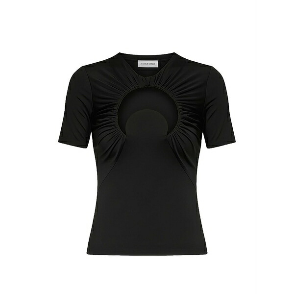 マリーン セル レディース Tシャツ トップス Moon-motif gathered t-shirt Black|asty