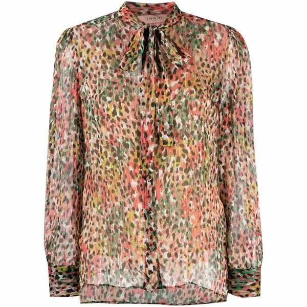 ツイン書き割り レディース プルオーバー トップス Animal-print pussy-bow blouse  Red