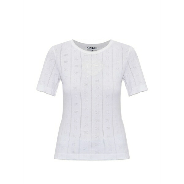 ガニー レディース ティーシャツ トップス Pointelle-knit logo-patch t-shirt White