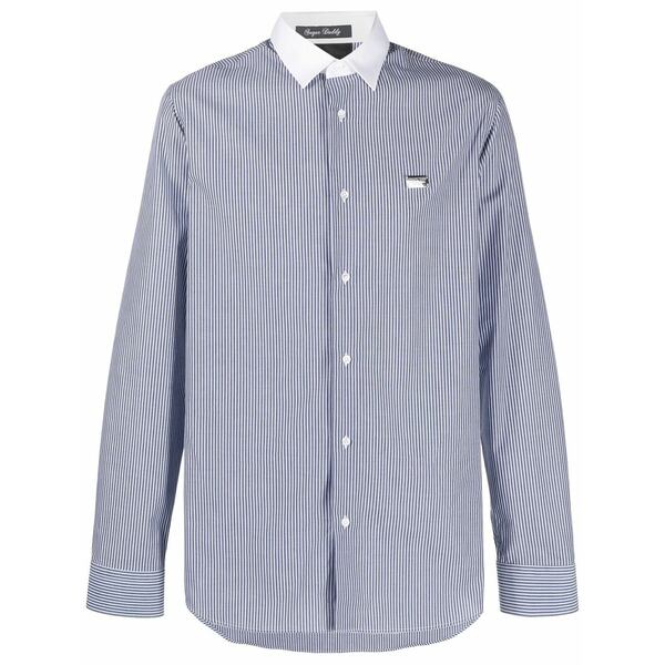 フィリップ飾り気の無い メンズ プルオーバー トップス Logo-print striped cotton shirt Blue