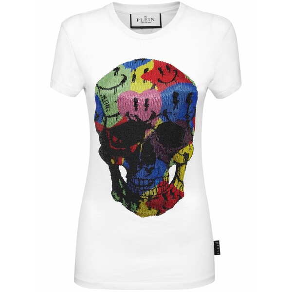 フィリッププレイン レディース Tシャツ トップス Skull-print rhinestones-embellishment t-shirt White｜asty