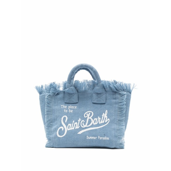 エムシーツーセイントバース レディース うしろ側容器に並べる・背嚢 御徒面子 Mini vanity linen frayed logo-print tote bag Blue