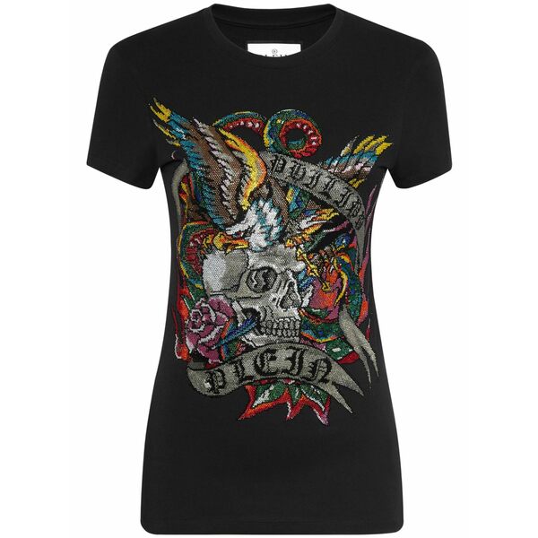 フィリップ飾り気のない レディース ティーシャツ トップス Crystals tattoo cotton t-shirt Black