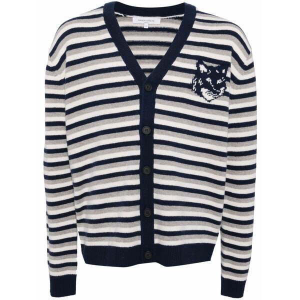 棲み家 稲荷 メンズ ジレー アウター Fox head intarsia striped cardigan Blue