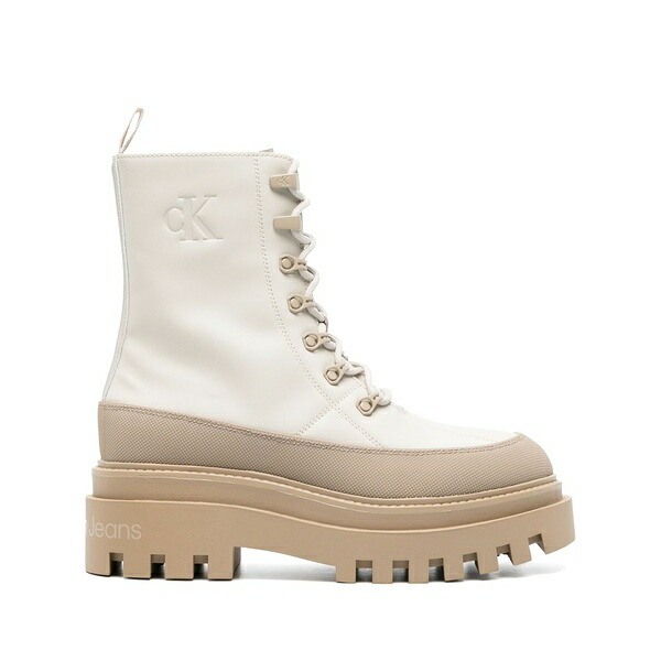 カルバンクライン レディース ブーツ シューズ Logo-debossed leather boots Neutrals｜asty
