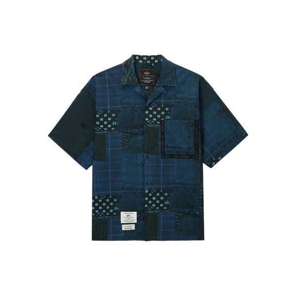 アルファインダストリーズ メンズ シャツ トップス Patchwork-pattern panelled shirt Blue｜asty