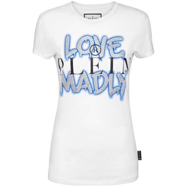 フィリッププレイン レディース Tシャツ トップス Pure crystals-embellished t-shirt White｜asty