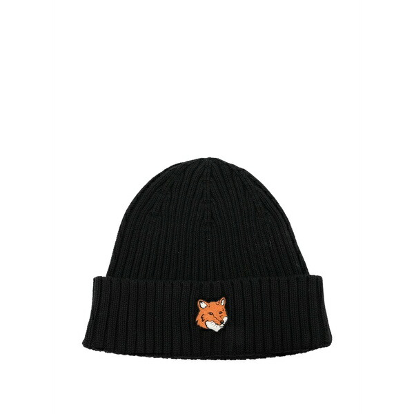 住み家 稲荷 メンズ 鳥打ち帽 付属物 Fox head ribbed-knit beanie hat Black