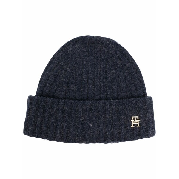 トミー ヒルフィガー レディース 鳥打ち帽 付属物 Logo-plaque ribbed knit beanie Blue