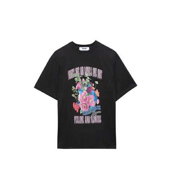エムエスジイエム レディース プルオーバー トップス Floral-print t-shirt Black