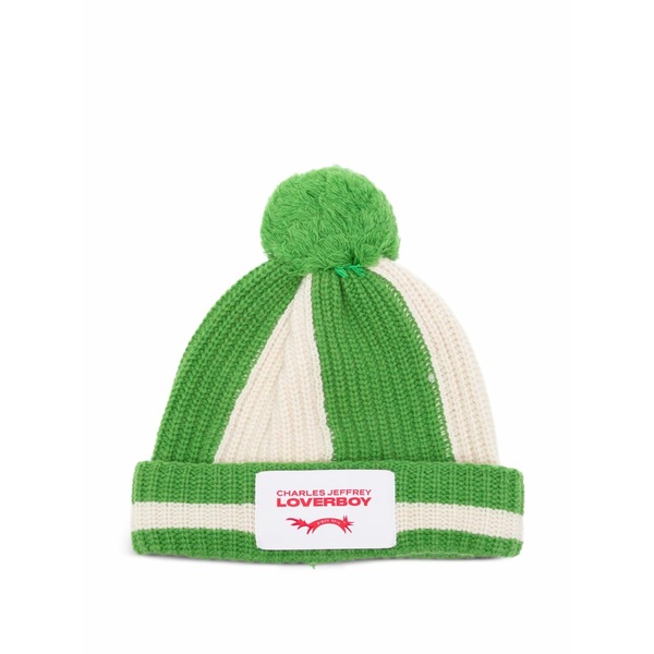 プリンスチャールズ島・ジェフリー メンズ かぶり笠 付属品 Striped-print pompom beanie hat  Green