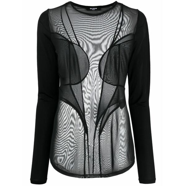 バルマン レディース Tシャツ トップス Semi-sheer panelled top Black|asty