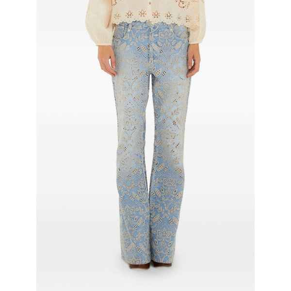 耕園 リオ レディース ジーンズズボン下 ボトムス Floral-embroidered jeans Blue