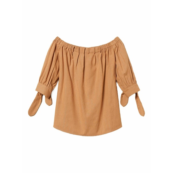 ツイン書き割り レディース ティーシャツ トップス Pinstriped tie-sleeve blouse Brown
