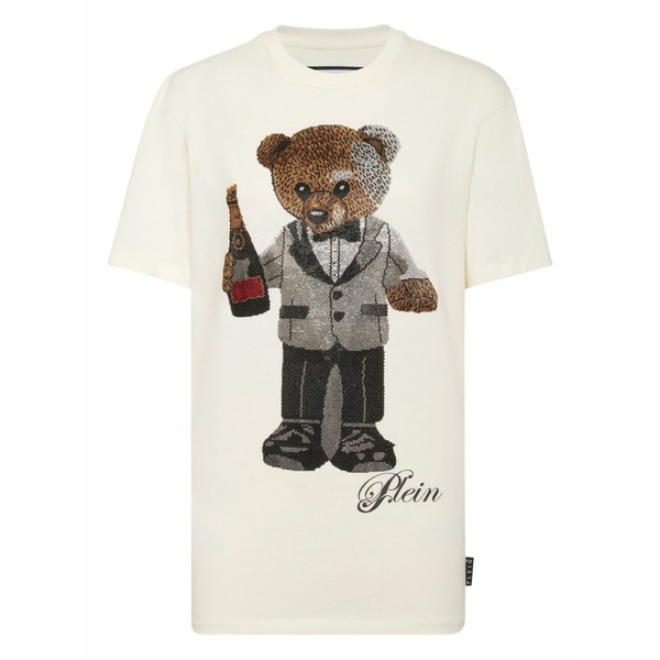 フィリッププレイン レディース Tシャツ トップス Teddy-embellished cotton t-shirt Neutrals｜asty