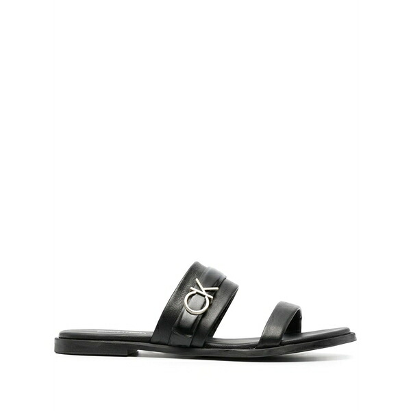 カルバンクライン レディース サンダル シューズ Logo-lettering flat leather sandals Black