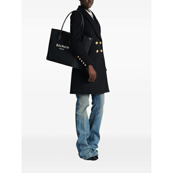 バルマン レディース トートバッグ バッグ Logo-plaque leather-trimmed tote bag Black