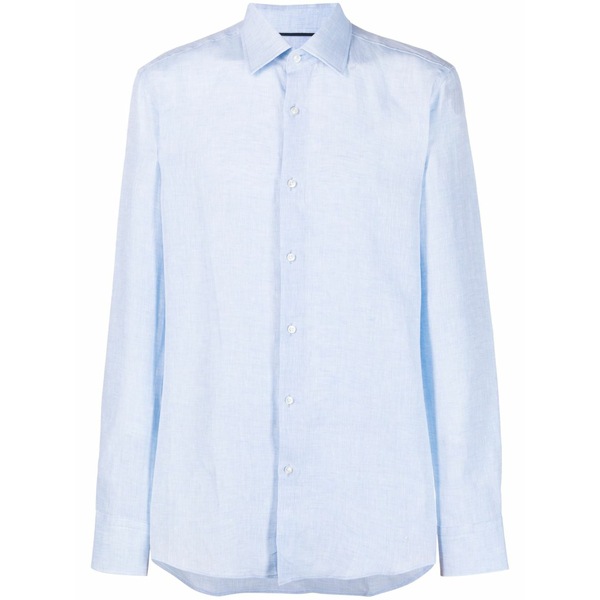 ボス メンズ シャツ トップス Long-sleeve linen shirt Blue|asty